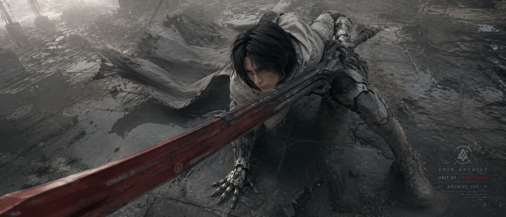 Locked Overhead Cybernetic Red Blade Warrior Ultra-Wide AI image prompt preview generated with Synterial